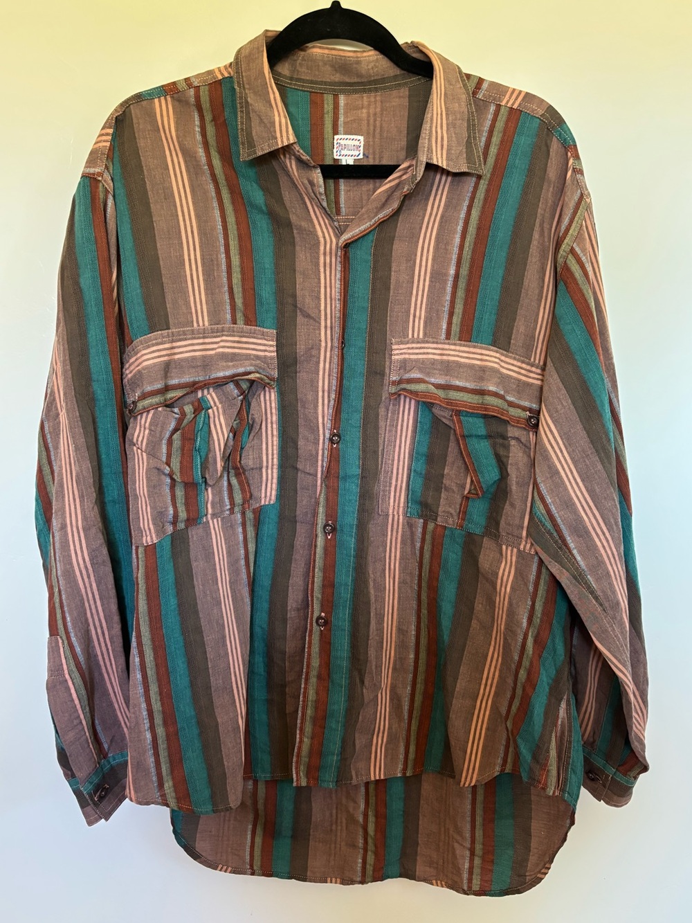 Vintage Papillon Striped Button Up Shirt Oversized L Teal Brown 90s | A16
